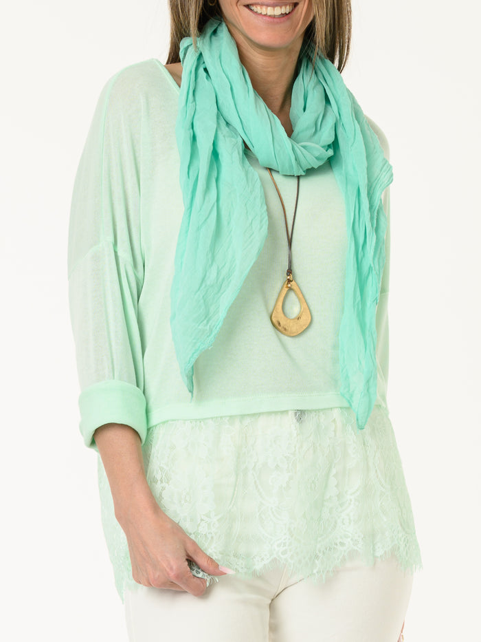 T-shirt aqua à manches longues avec dentelle au bas