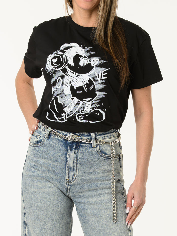 T-shirt noir avec imprimé de Mickey blanc