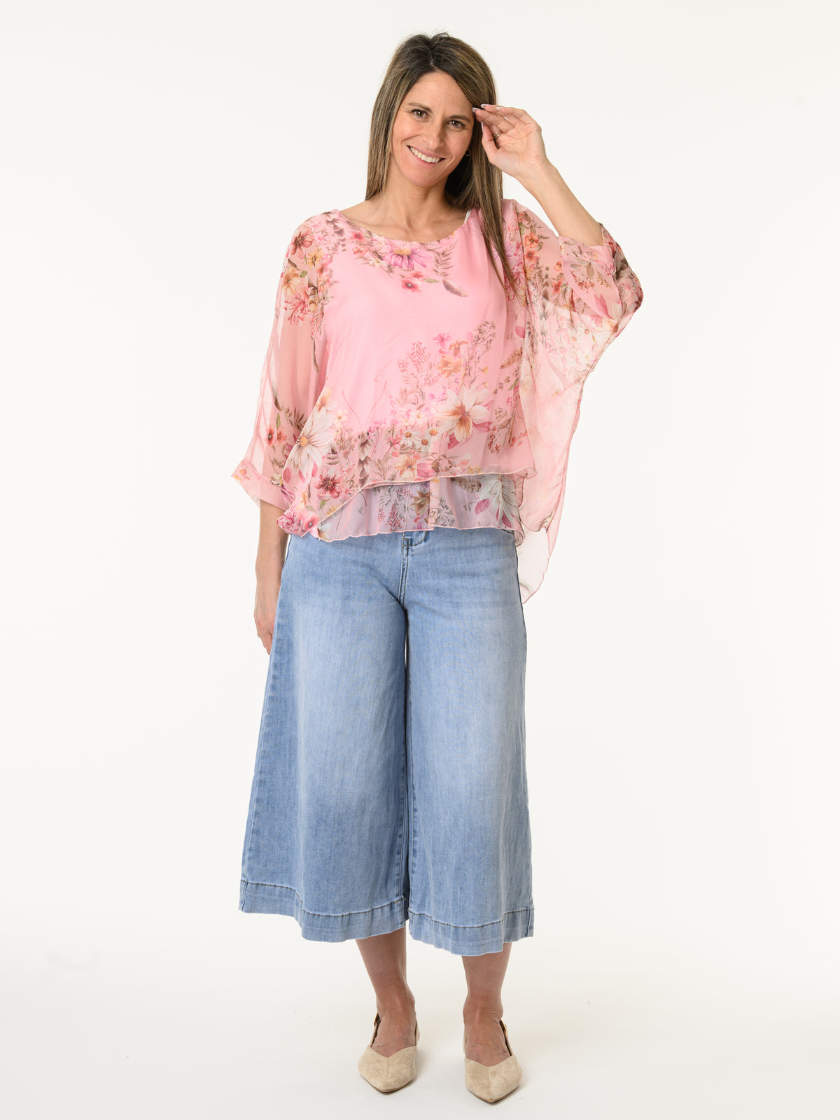 Blouse rose en voile avec imprimé floral