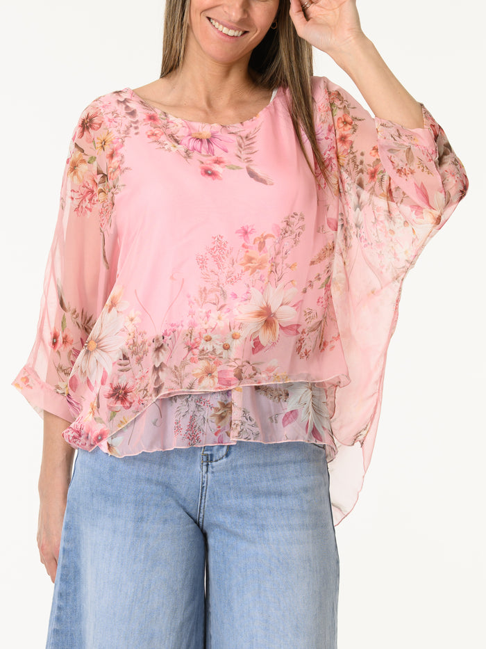 Blouse rose en voile avec imprimé floral