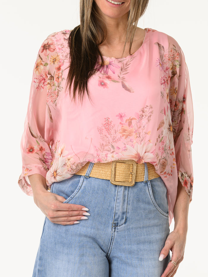 Blouse rose en voile avec imprimé floral