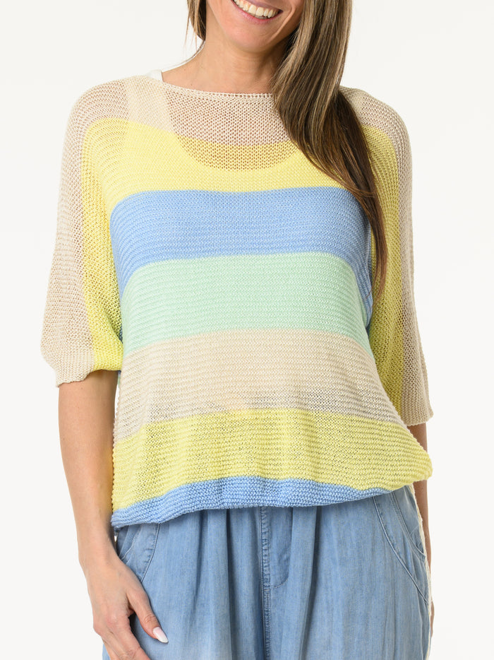 Chandail beige en mailles à rayures multicolores