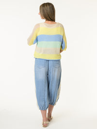 Chandail beige en mailles à rayures multicolores