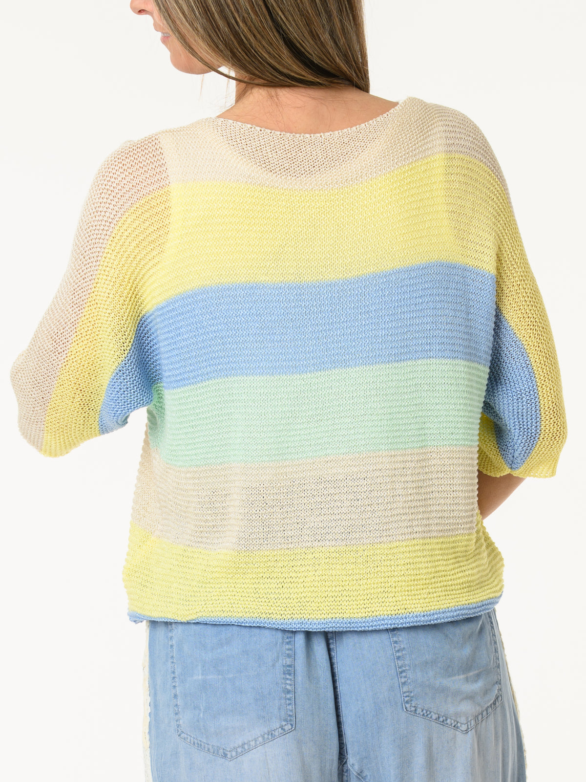 Chandail beige en mailles à rayures multicolores