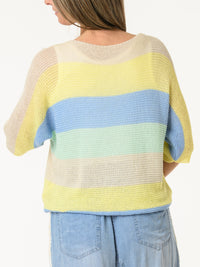 Chandail beige en mailles à rayures multicolores