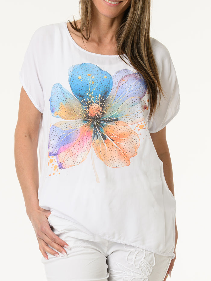 T-shirt blanc avec grande fleur multicolore