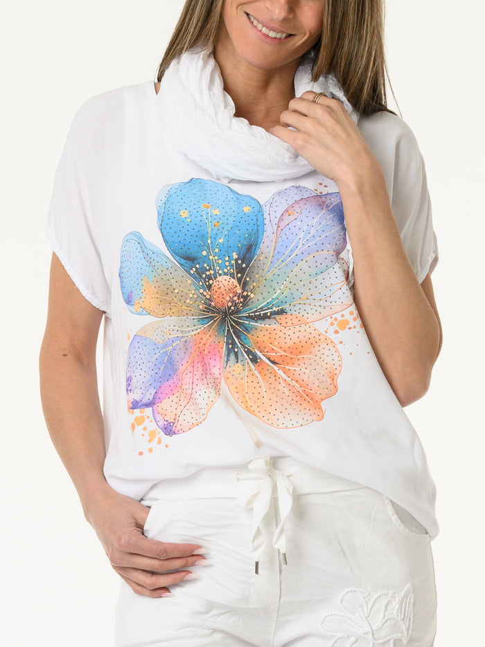 T-shirt blanc avec grande fleur multicolore