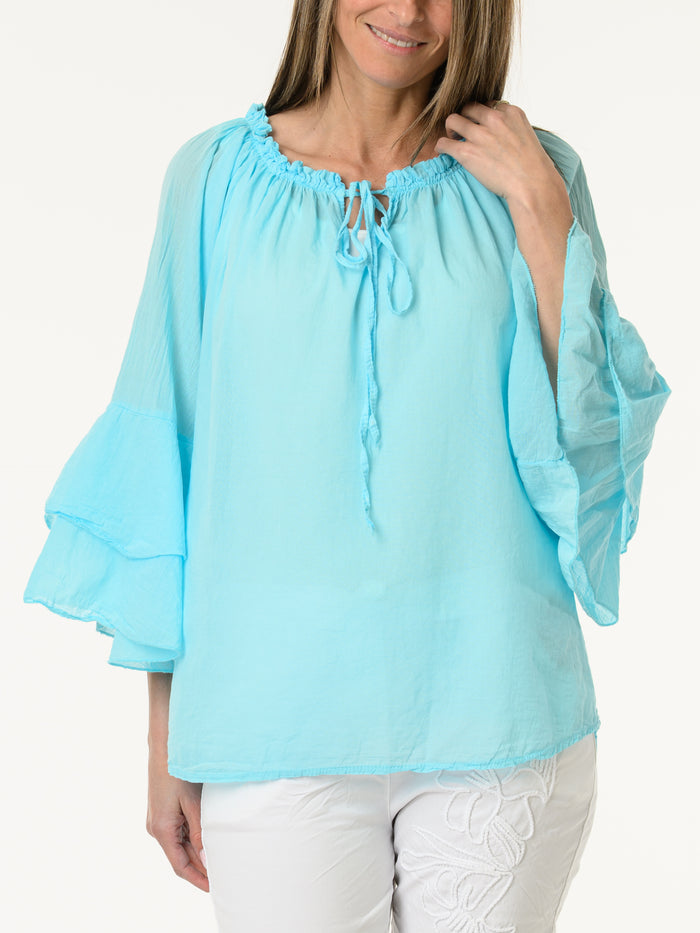 Blouse turquoise à manches à volants