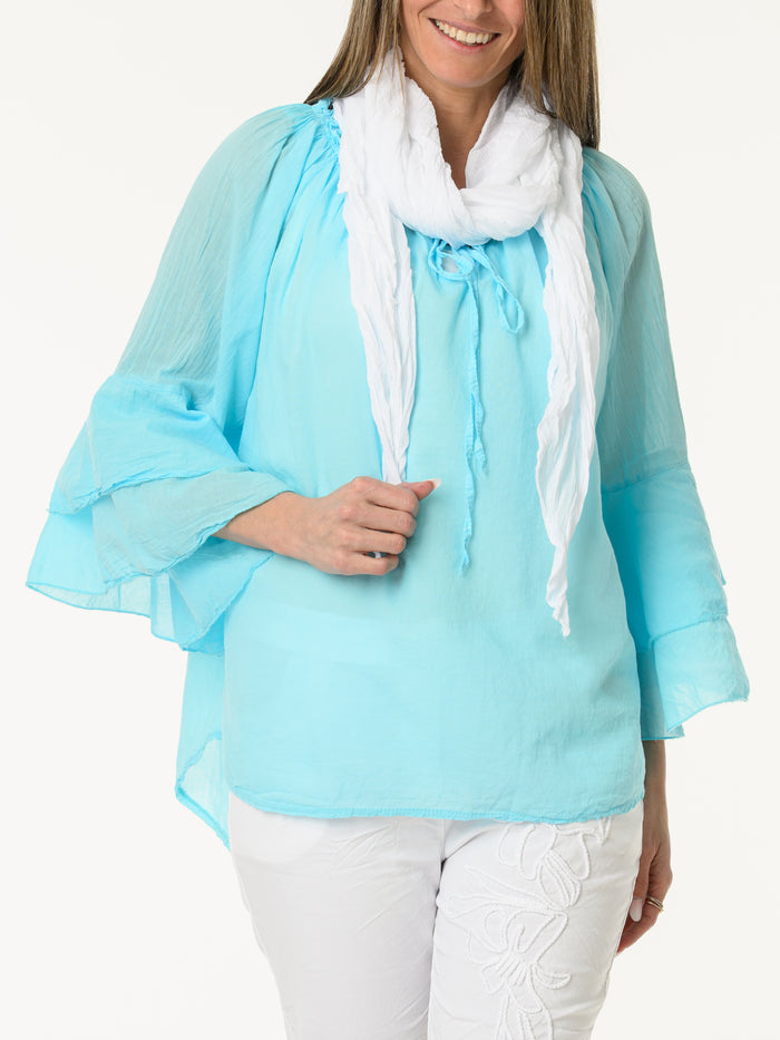 Blouse turquoise à manches à volants