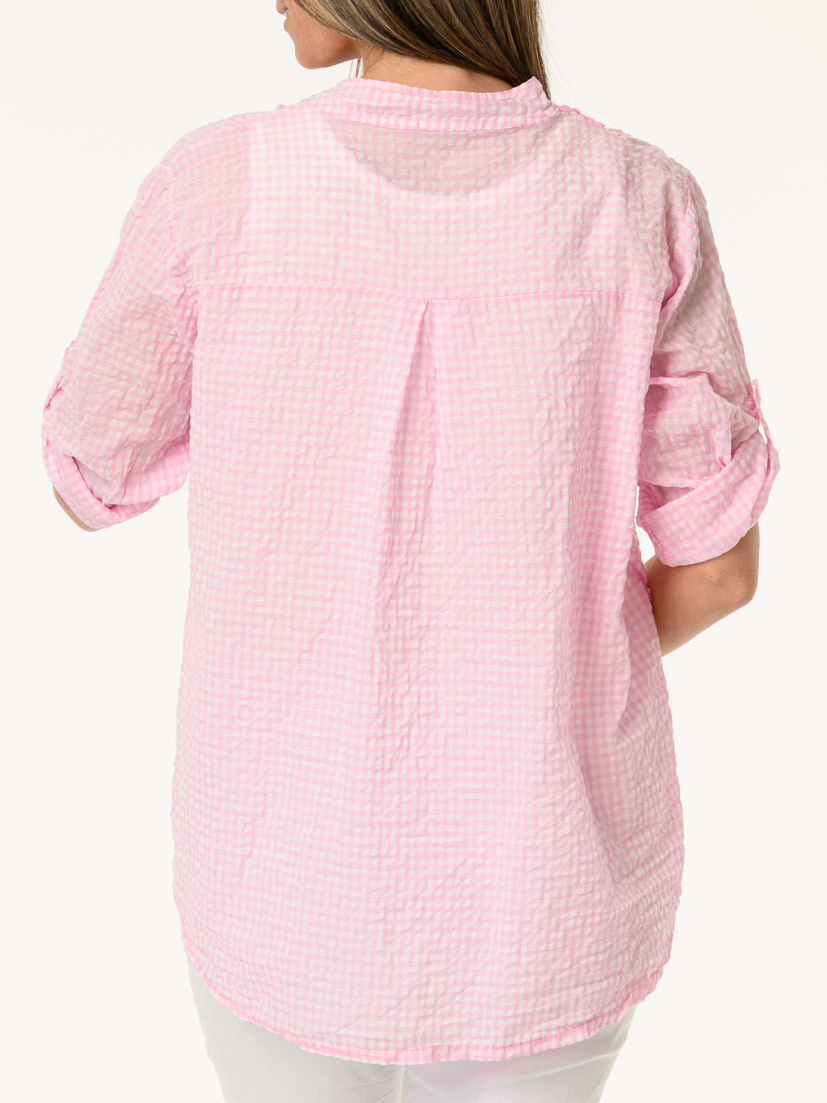 Chemise rose à carreaux avec fleurs texturées