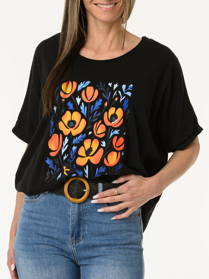 T-shirt noir avec imprimé de fleurs orange