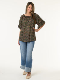 Blouse noire avec manches à volants à motifs de fleurs