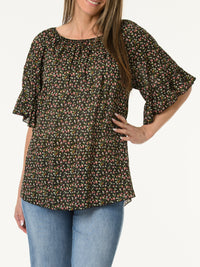 Blouse noire avec manches à volants à motifs de fleurs