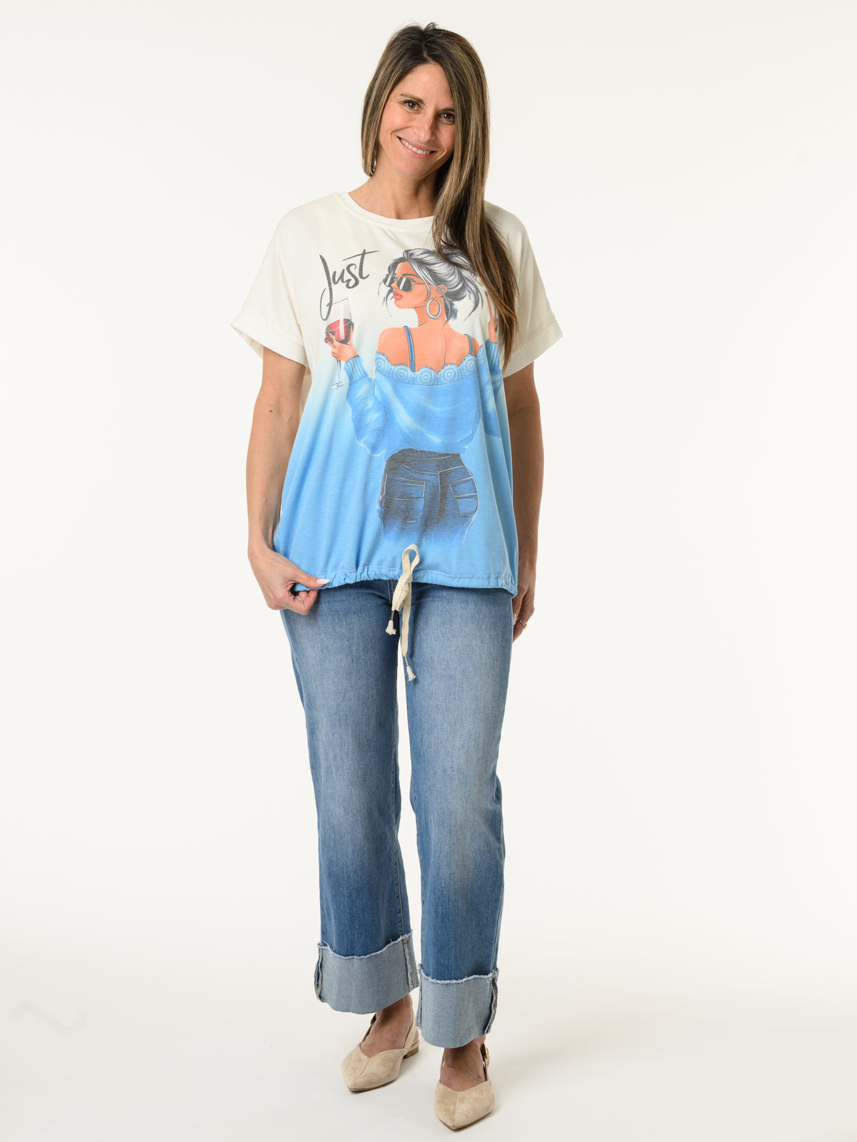 T-shirt blanc et bleu avec imprimé de femme chic