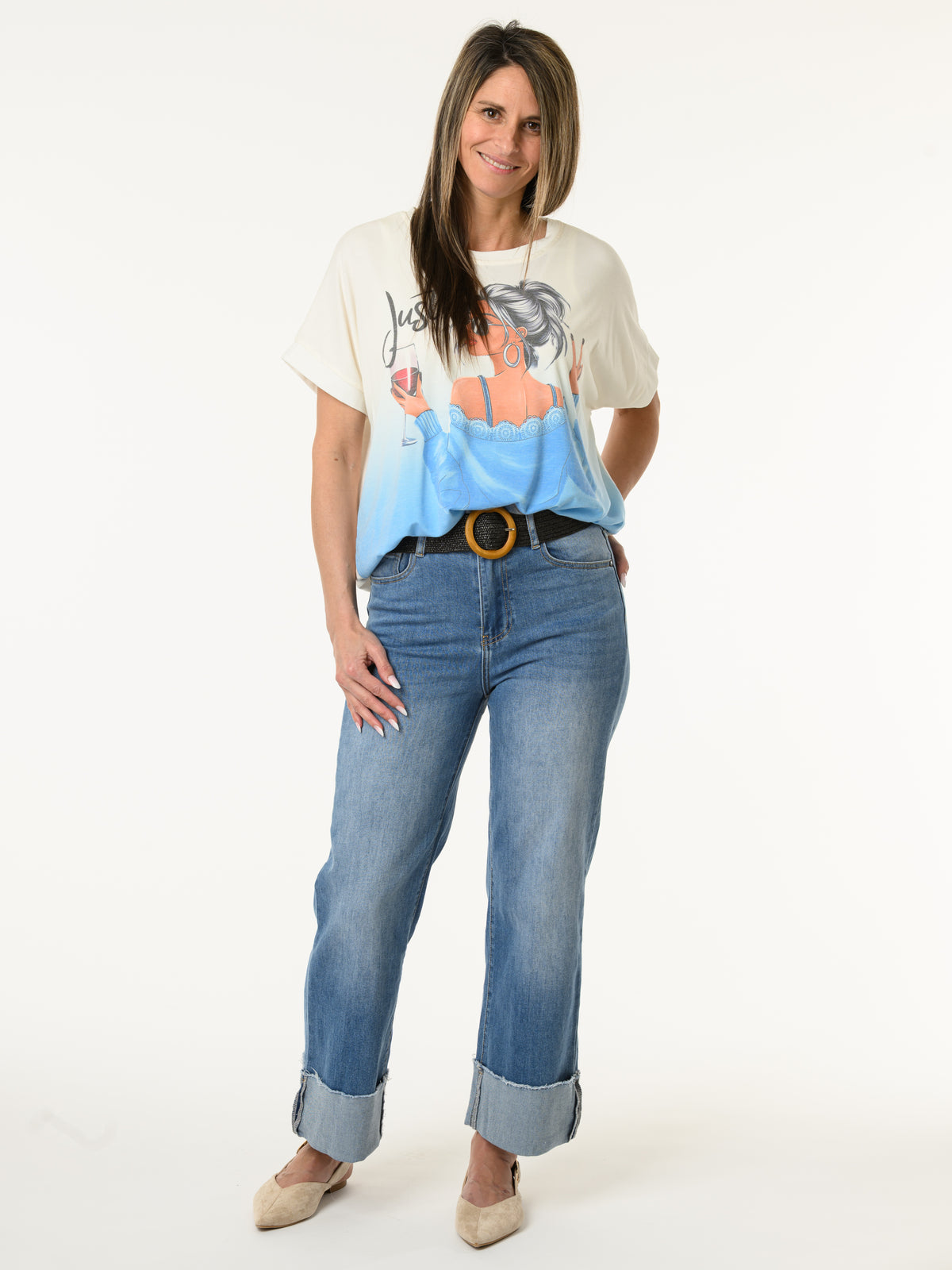 T-shirt blanc et bleu avec imprimé de femme chic