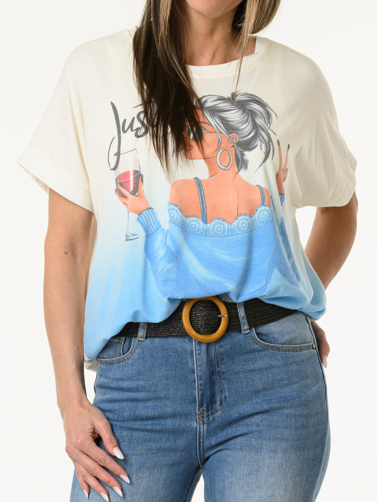 T-shirt blanc et bleu avec imprimé de femme chic