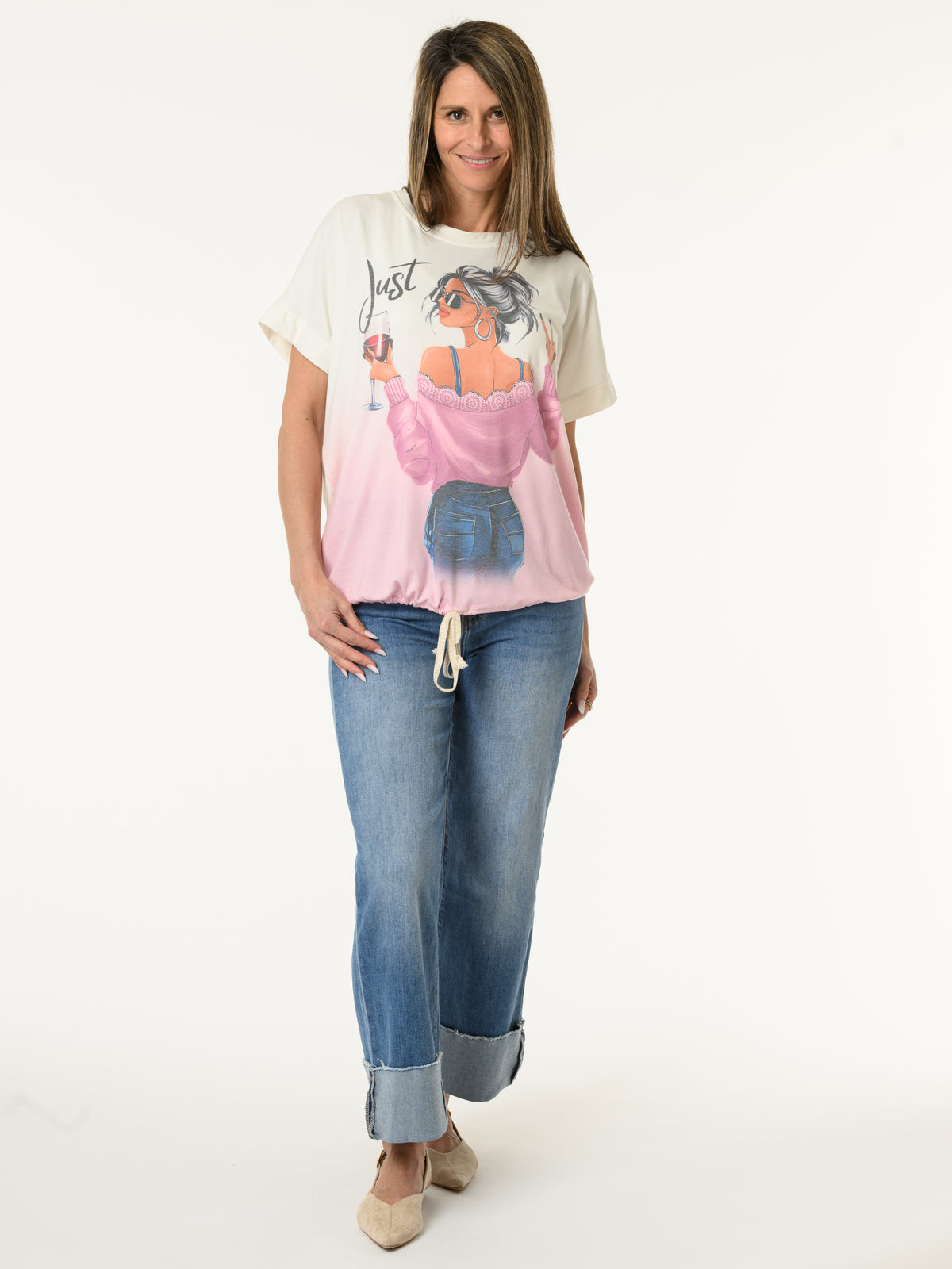 T-shirt blanc et rose avec imprimé de femme chic