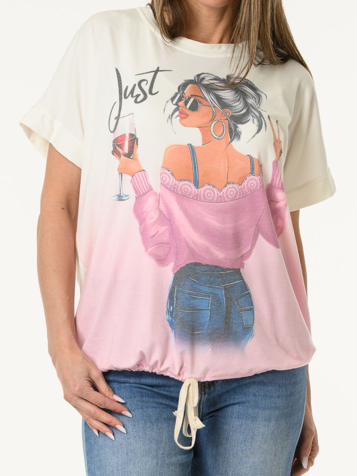 T-shirt blanc et rose avec imprimé de femme chic