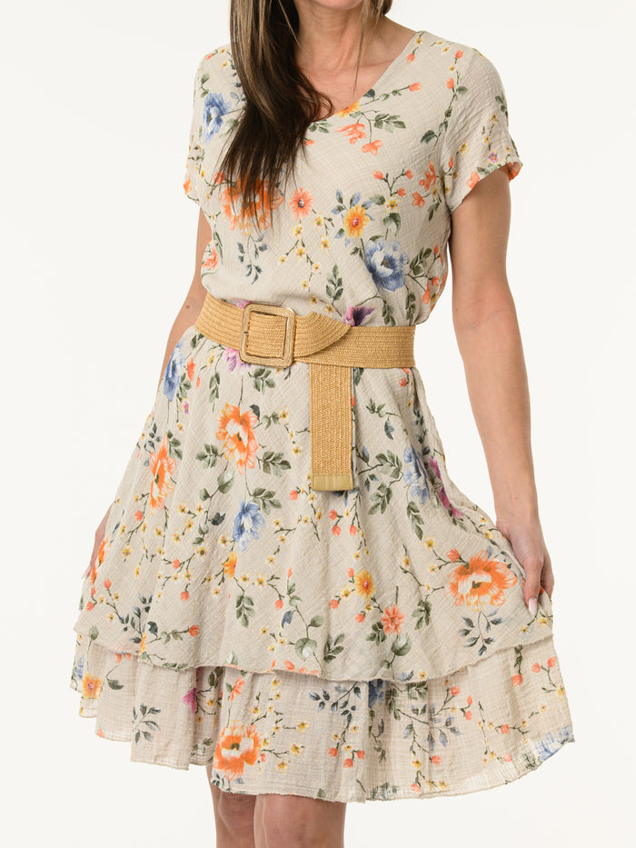 Robe beige avec imprimé floral multicolore