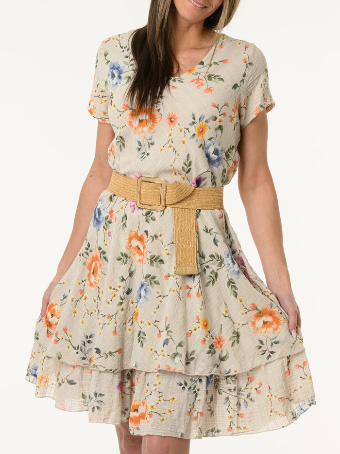 Robe beige avec imprimé floral multicolore