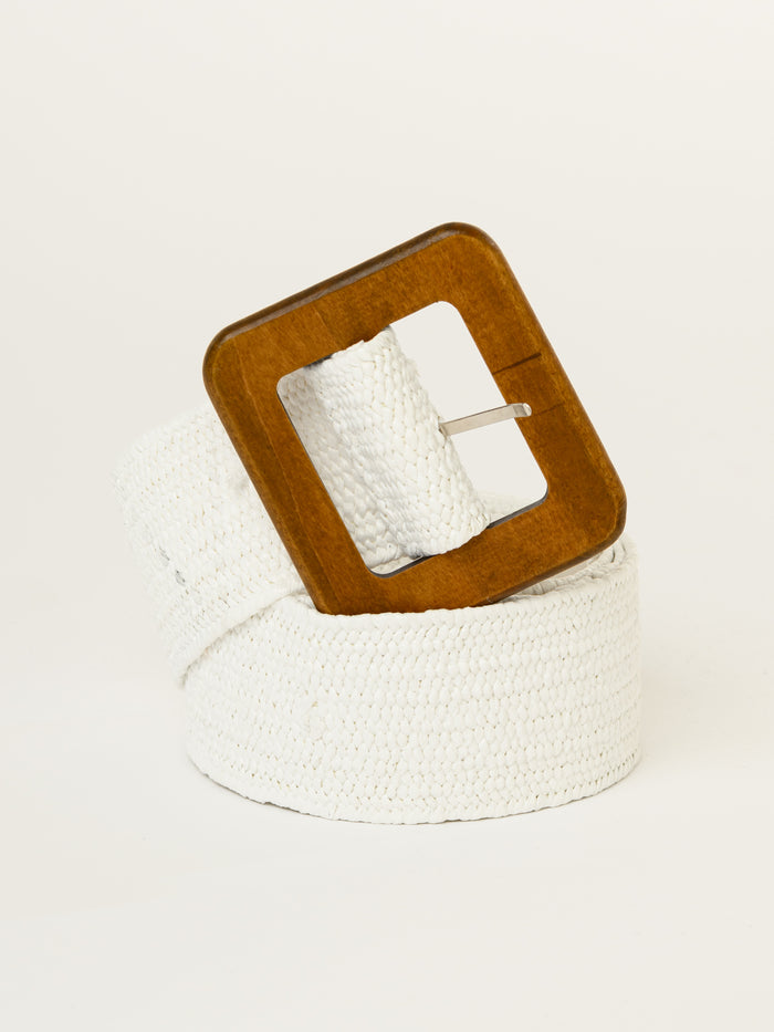 Ceinture blanche élastique en jute avec boucle carrée en bois
