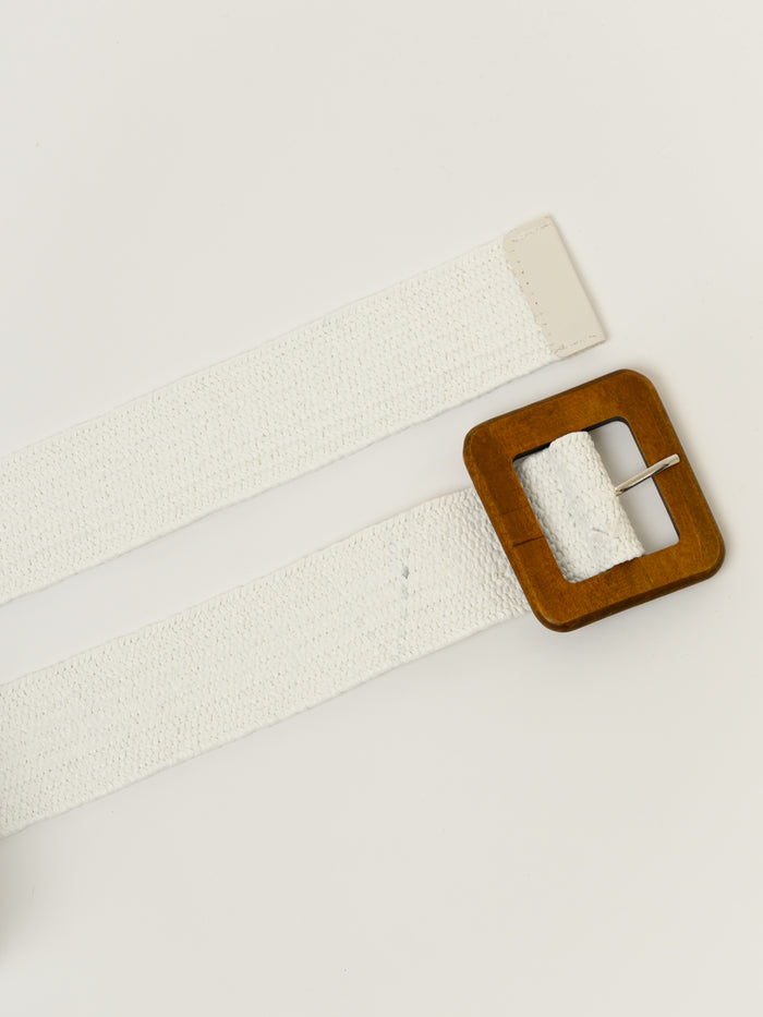 Ceinture blanche élastique en jute avec boucle carrée en bois