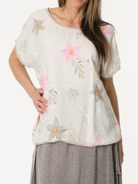 T-shirt beige avec imprimé de fleurs roses et moka