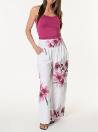 Pantalon palazzo blanc avec imprimé floral magenta