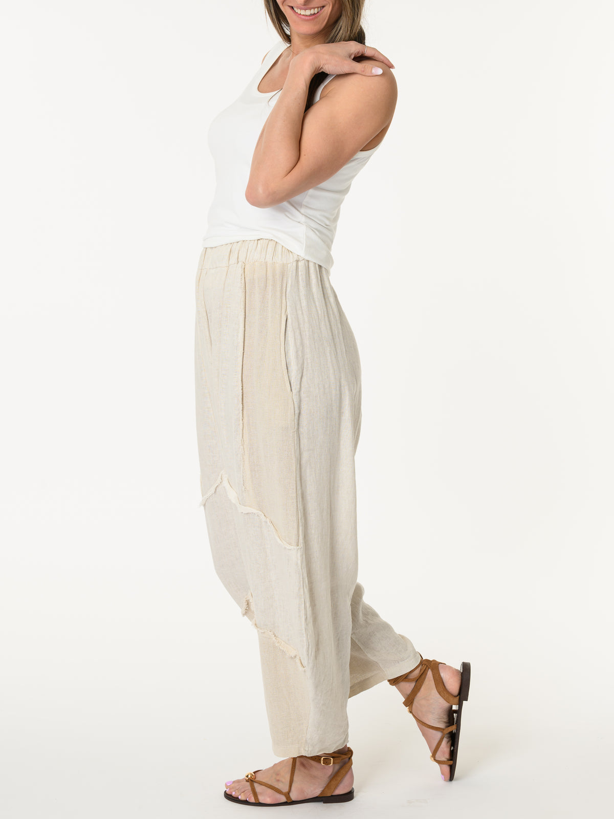 Pantalon beige bohème à taille élastique