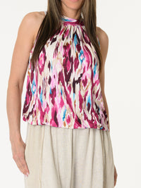 Camisole beige avec imprimé abstrait fuchsia et bleu