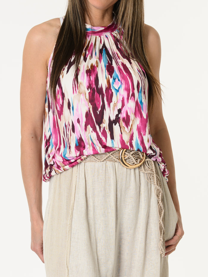 Camisole beige avec imprimé abstrait fuchsia et bleu