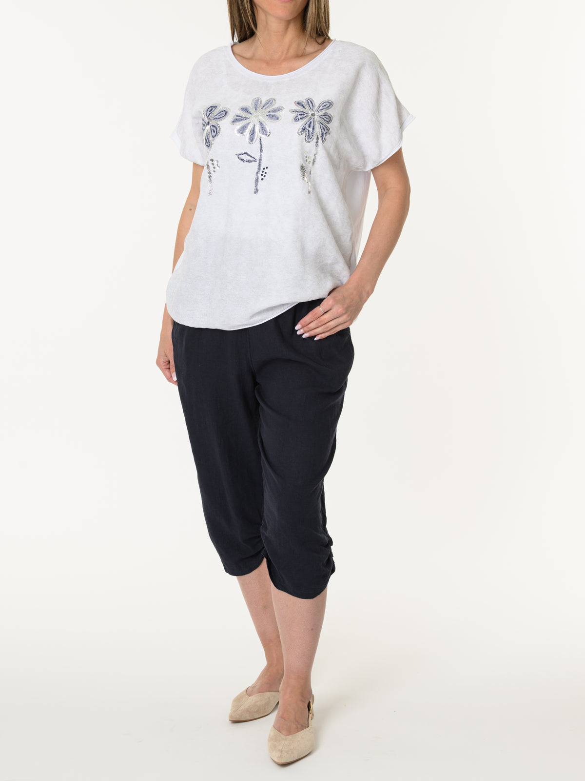 T-shirt blanc avec imprimé floral marine