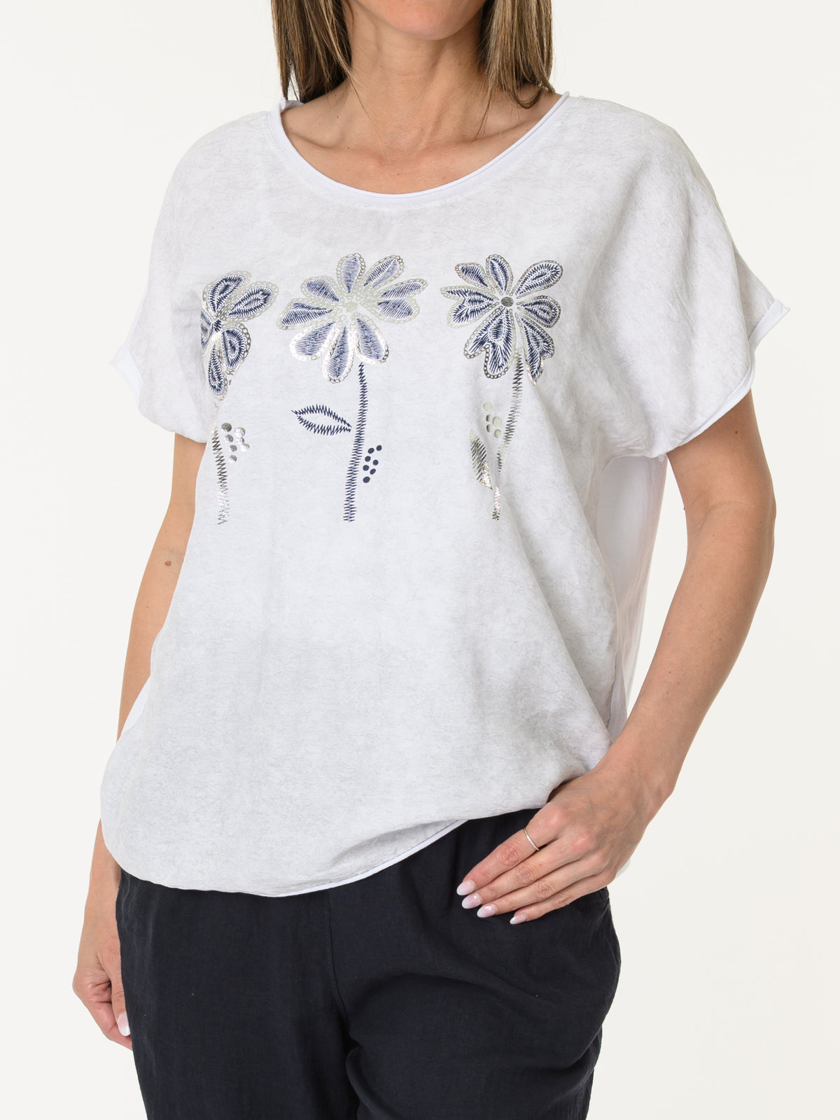 T-shirt blanc avec imprimé floral marine