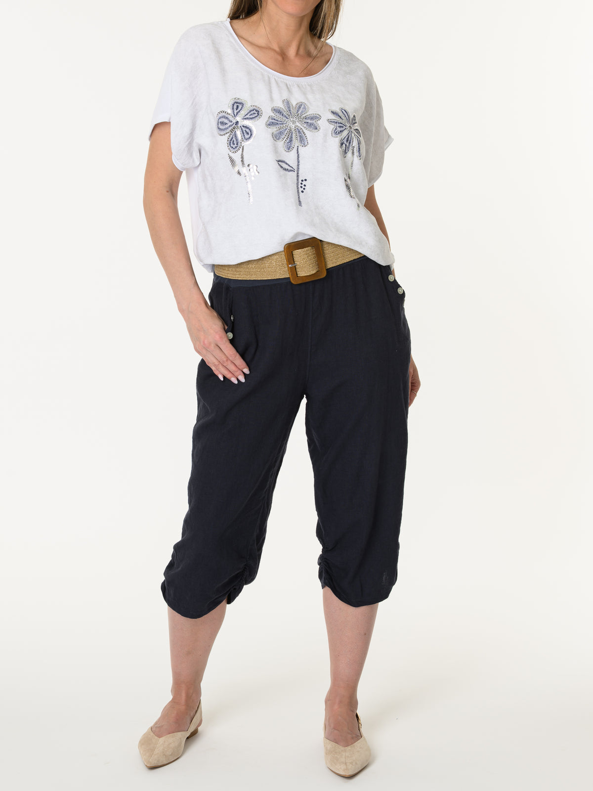 T-shirt blanc avec imprimé floral marine