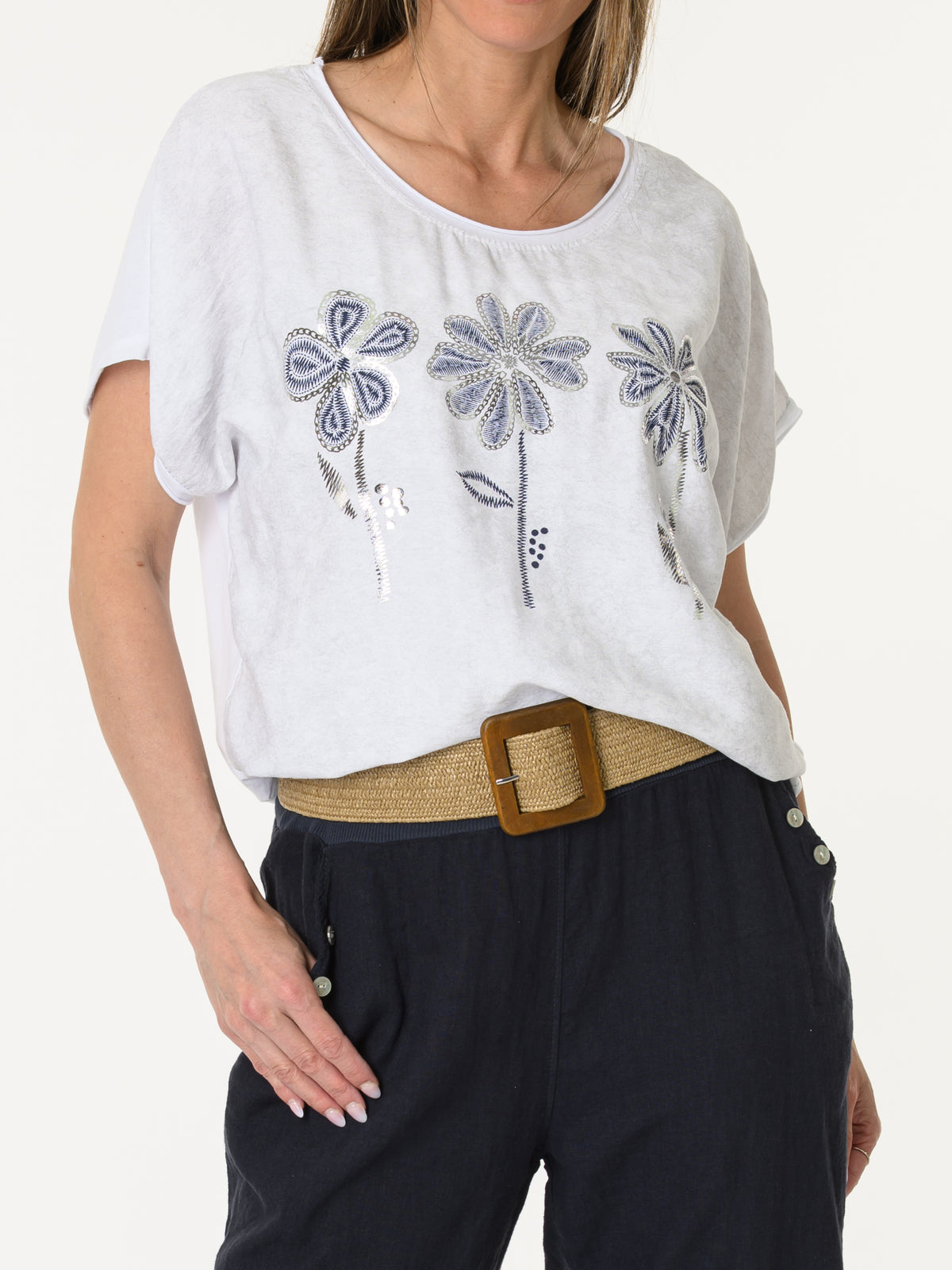 T-shirt blanc avec imprimé floral marine