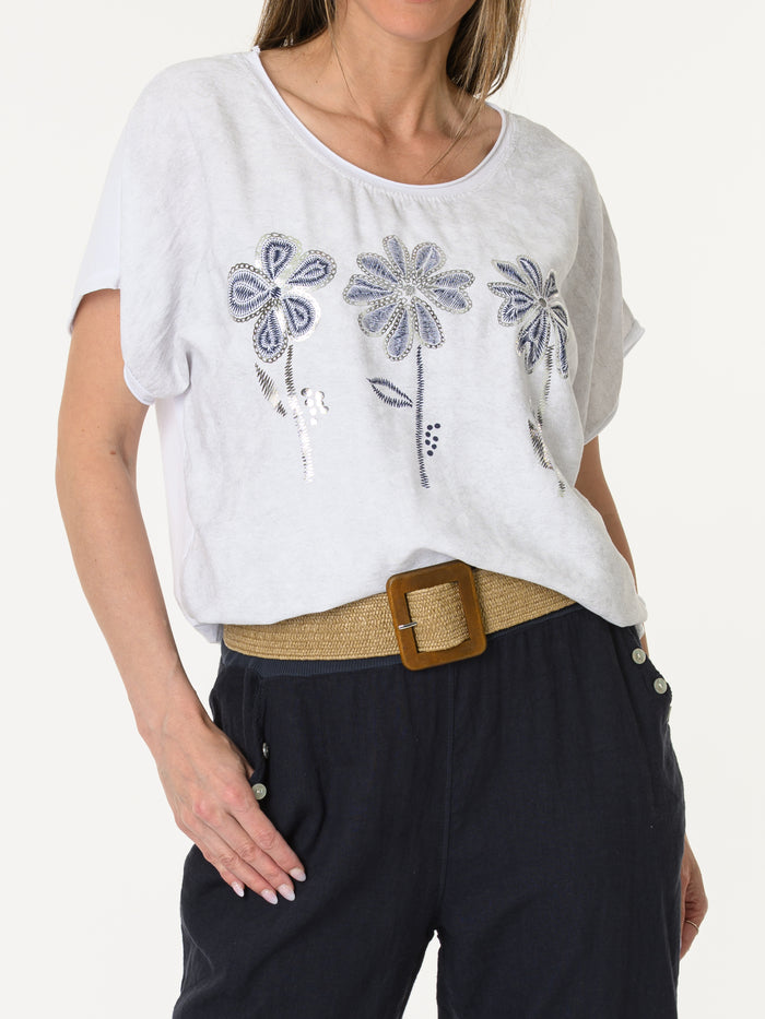 T-shirt blanc avec imprimé floral marine