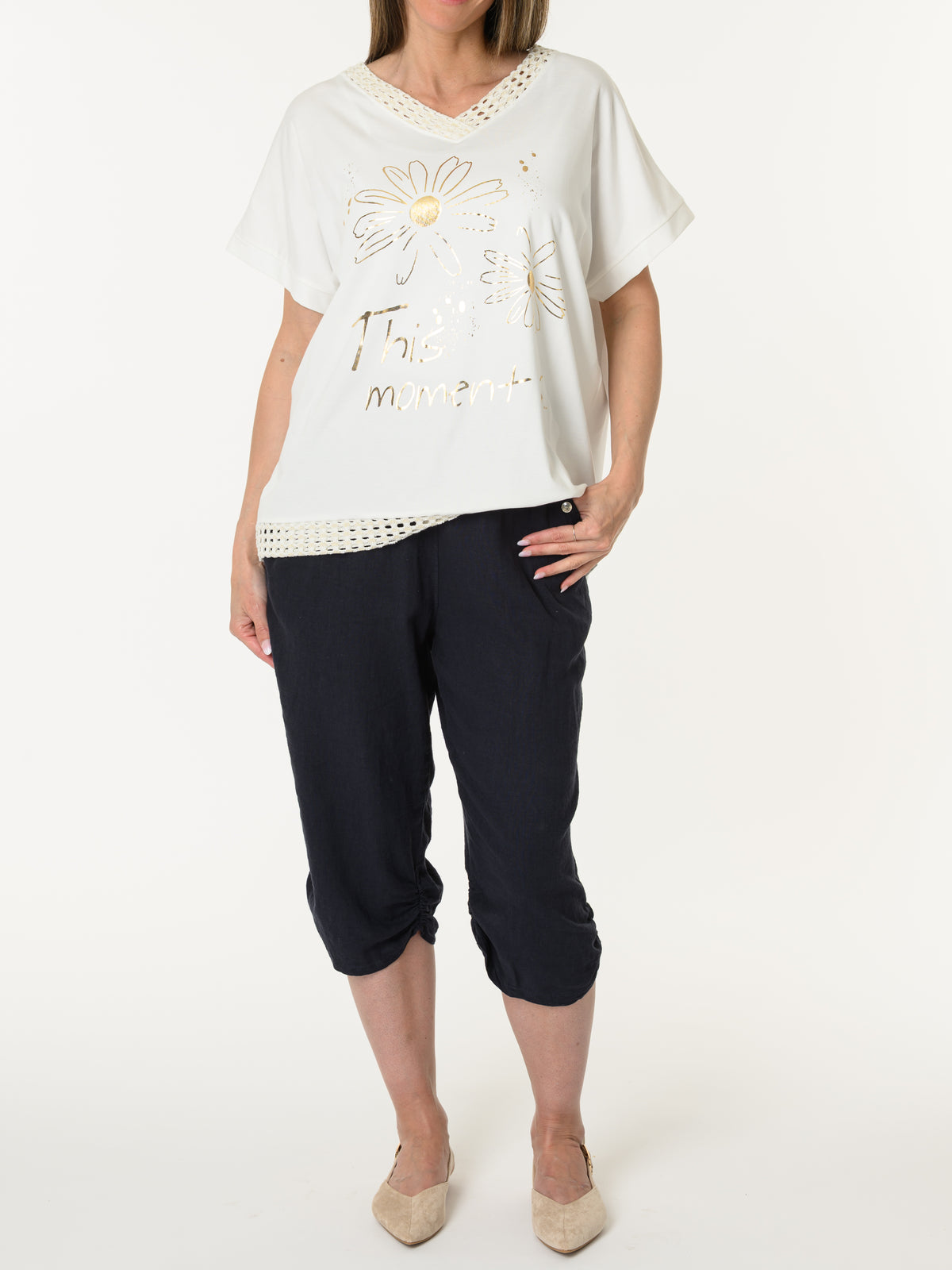 t-shirt blanc crème avec imprimé floral doré