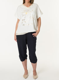 t-shirt blanc crème avec imprimé floral doré
