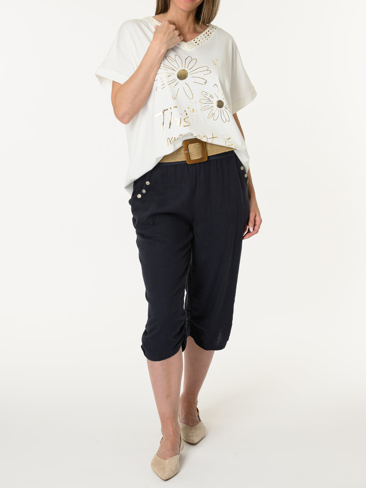 t-shirt blanc crème avec imprimé floral doré