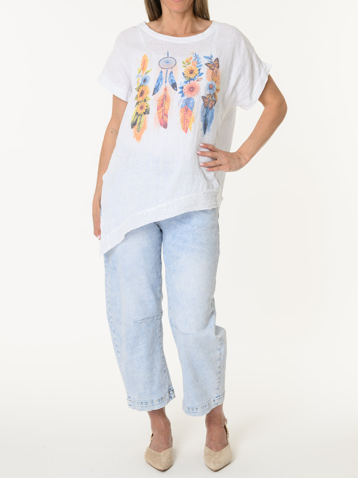 T-shirt blanc avec imprimé bohème