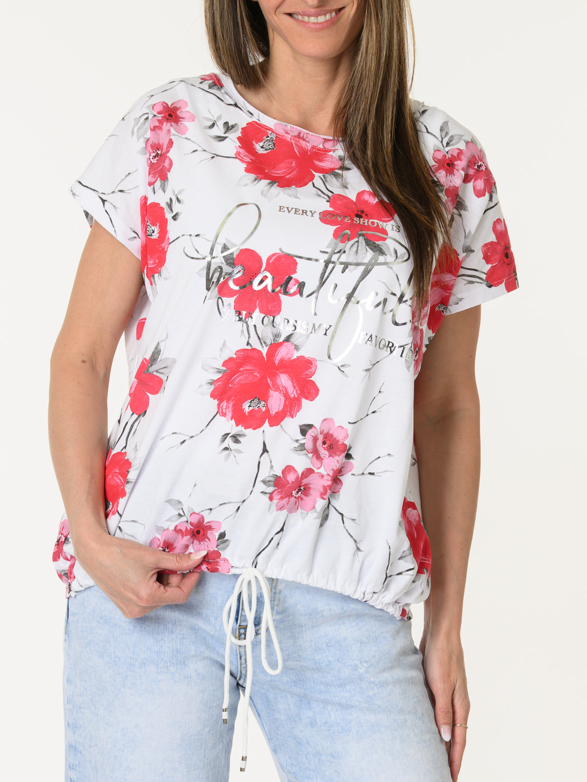 T-shirt blanc avec imprimé floral rouge