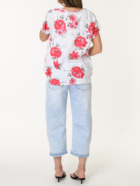 T-shirt blanc avec imprimé floral rouge
