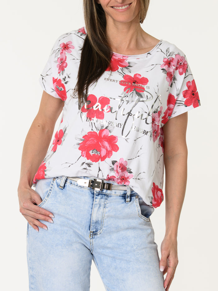 T-shirt blanc avec imprimé floral rouge