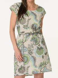 Robe beige avec imprimé floral vert
