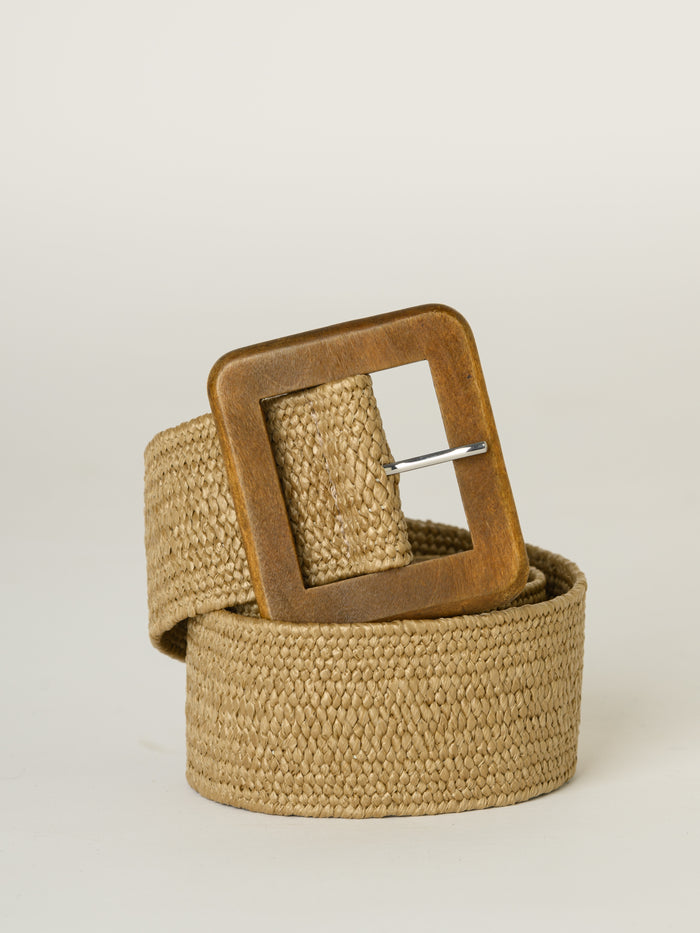 Beige elastic jute belt with square wooden buckle