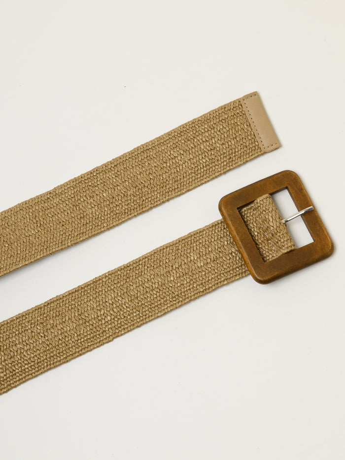 Beige elastic jute belt with square wooden buckle