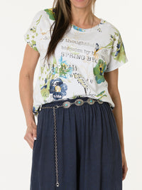 T-shirt blanc avec imprimé floral vert et bleu