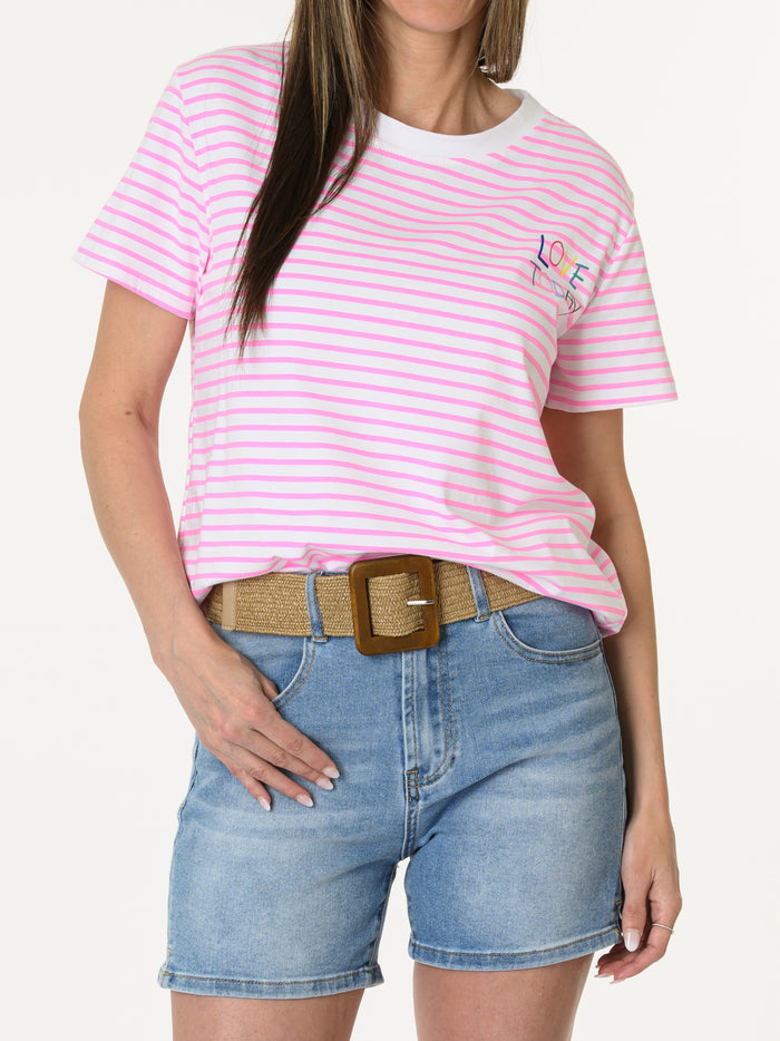 T-shirt rayé blanc et rose Now Or Never