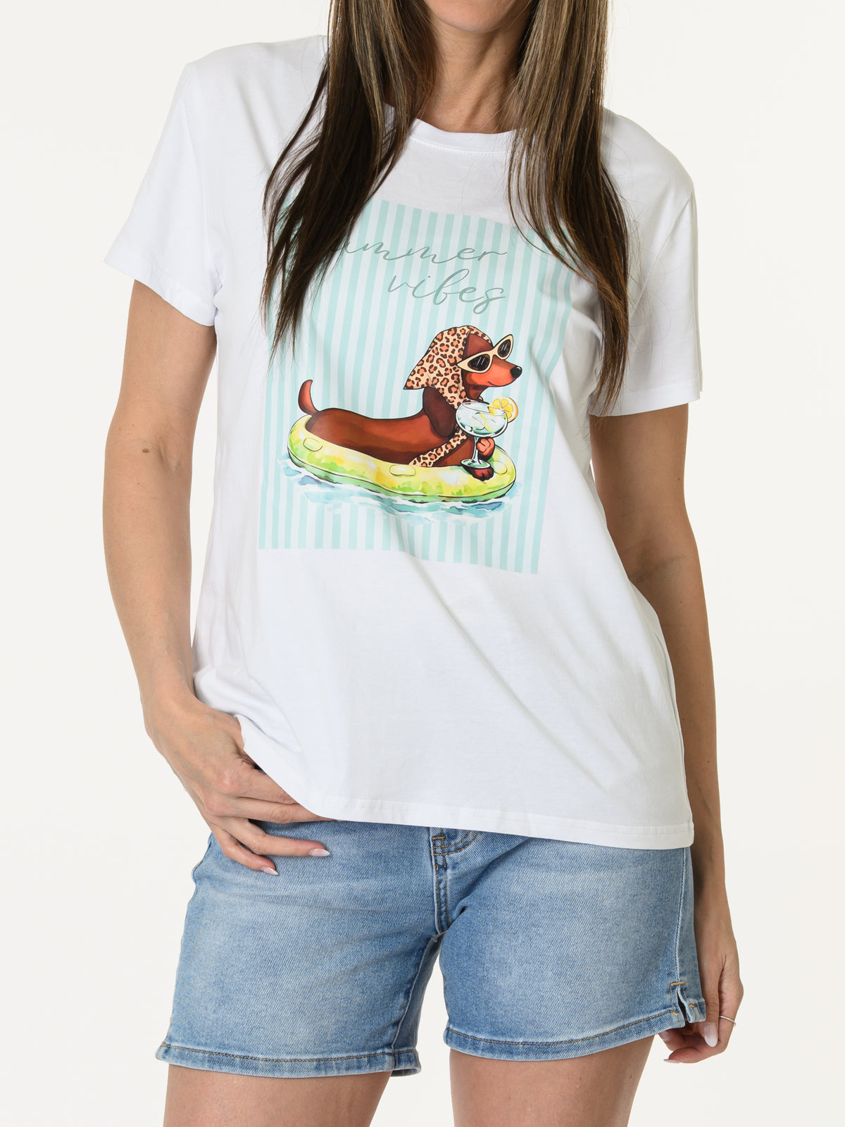 T-shirt blanc et aqua motif teckel