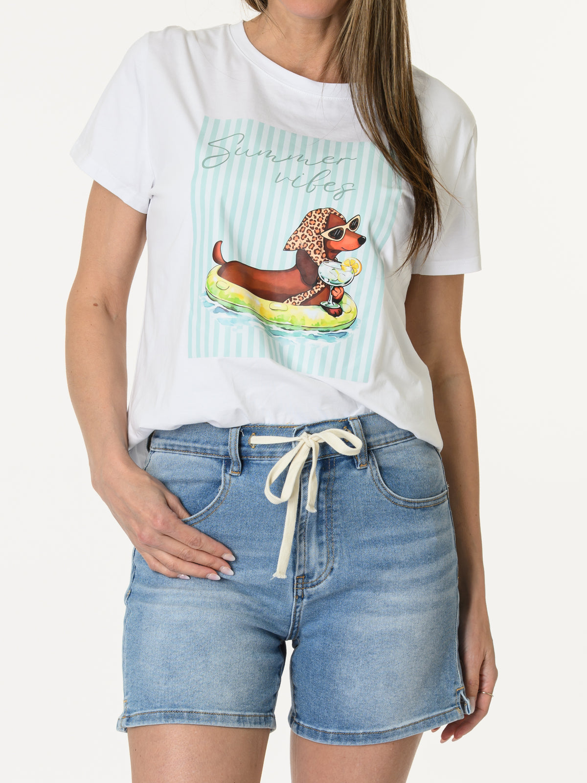 T-shirt blanc et aqua motif teckel